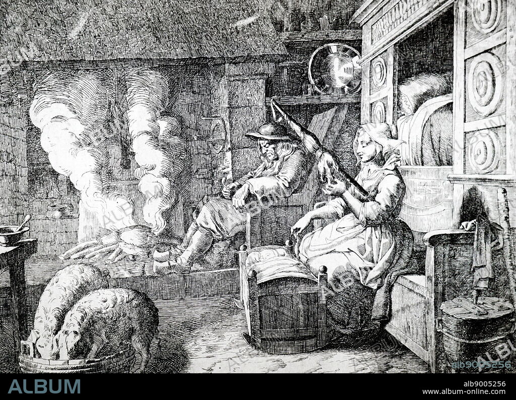 Illustration showing a typical 17th/18th century peasant cottage, showing the open fire with a hook on which to hang the cooking pot, cupboard bed, the young mother spinning with a distaff as she rocks the baby, and the pigs being fed by the table. Elderly husband and young wife.