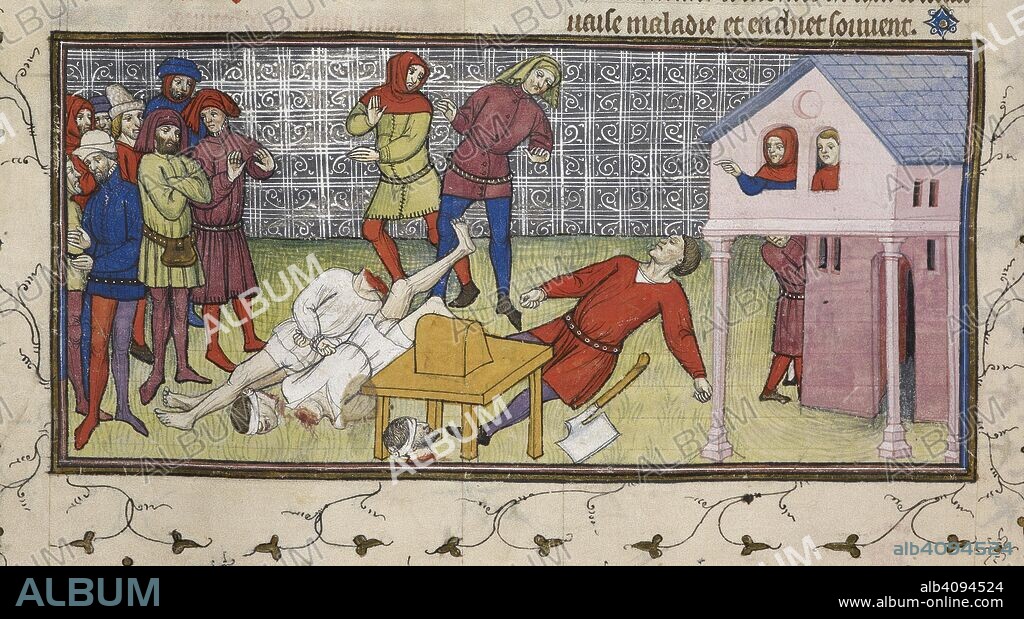 Executions at Paris. Chroniques de France ou de St. Denis. End of 14th century. (Miniature) The beheading of the Bridge-Master and King's Carpenter at Paris, the executioner falling down in a fit.  Image taken from Chroniques de France ou de St. Denis.  Originally published/produced in End of 14th century. . Source: Royal 20 C. VII, f.133v. Language: French.