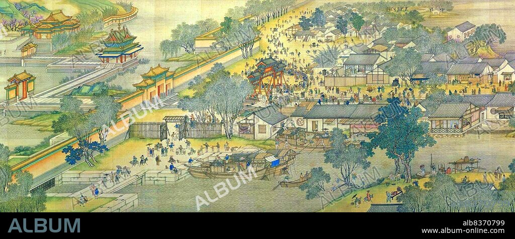 'Along the River During the Qingming Festival' is a painting by the Song dynasty artist Zhang Zeduan (10851145). It captures the daily life of people and the landscape of the Northern Song capital, Bianjing, today's Kaifeng. The theme is said to celebrate the festive spirit and worldly commotion at the Qingming Festival, rather than the holiday's ceremonial aspects, such as tomb sweeping and prayers.<br/><br/>. Successive scenes reveal the lifestyle of all levels of the society from rich to poor as well as different economic activities in rural areas and the city, and offer glimpses of period clothing and architecture. The scroll is 25.5 centimetres (10.0 inches) in height and 5.25 meters (5.74 yards) long. In its length there are 814 humans (of whom only 20 are women), 28 boats, 60 animals, 30 buildings, 20 vehicles, 8 sedan chairs, and 170 trees. The countryside and the densely populated city are the two main sections in the picture, with the river meandering through the entire length.<br/><br/>. The original painting is the most celebrated work of art from the Song dynasty. Due to this high artistic reputation, it has inspired several works of art that revived and updated the style of the original. The version presented here was made by five Qing dynasty court painters (Chen Mu, Sun Hu, Jin Kun, Dai Hong and Cheng Zhidao) and presented to the Qianlong Emperor on January 15, 1737.<br/><br/>. There are many more people, over 4,000, in the Qing remake, which also is much larger (at 11 metres by 35 cm, or 37 ft by 1 ft). The full scroll should be viewed from right to left.
