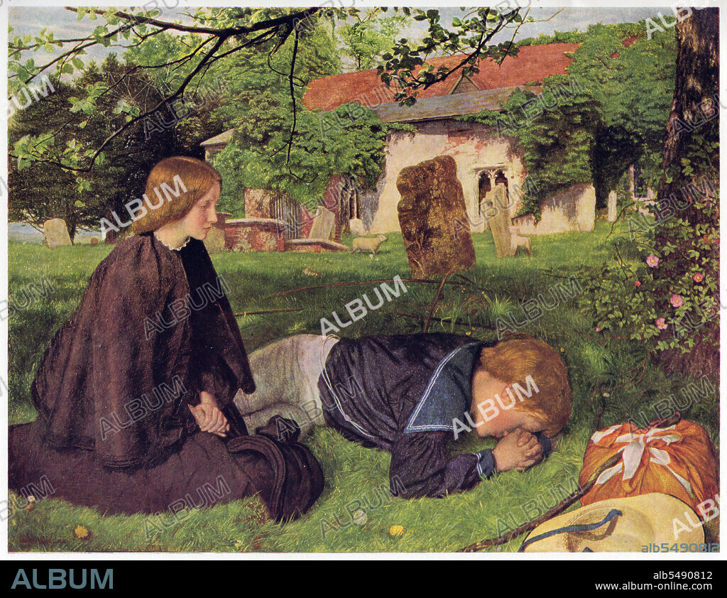 ARTHUR HUGHES. Home from Sea, 1856-1863. This work was originally exhibited as 'The Mother's Grave': a boy in sailor's uniform weeps over the grave of his mother who has died while he was at sea. Details such as spider's webs, dew drops, dog roses and dandelion seeds emphasise the theme of life's transience. The mother's death is also echoed in the lamb separated from its mother by the barrier of the tombstone. The artist's wife, Tryphena, sat for the figure of the boy's sister; the scene is the churchyard at Chingford in Essex. Painting in the collection of the Ashmolean Museum, Oxford. From "Pre-Raphaelite Painters" by Robin Ironside, with a descriptive catalogue by John Gere. [The Phaidon Press Ltd, London, 1948].