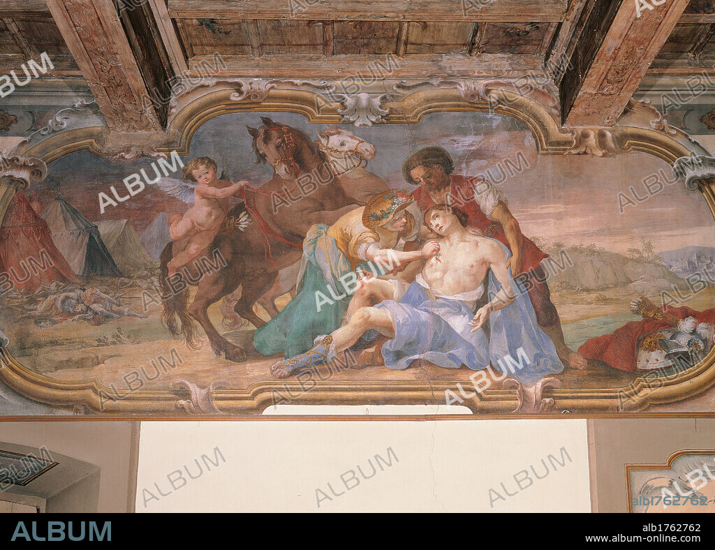 Stories of Angelica and Medoro, by Giuseppe Antonio Orelli, 1750-1799 about, 18th Century,. Italy, Vimercate (Milan), Palazzo Trotti, Room of Angelica and Medoro. All. Angelica finds Medoro wounded. Scene fresco frame Angelica Medoro wound lovers hero heroine love putto horse woman servant handmaid tents camp campsite view landscape blue green brown rosy shades.