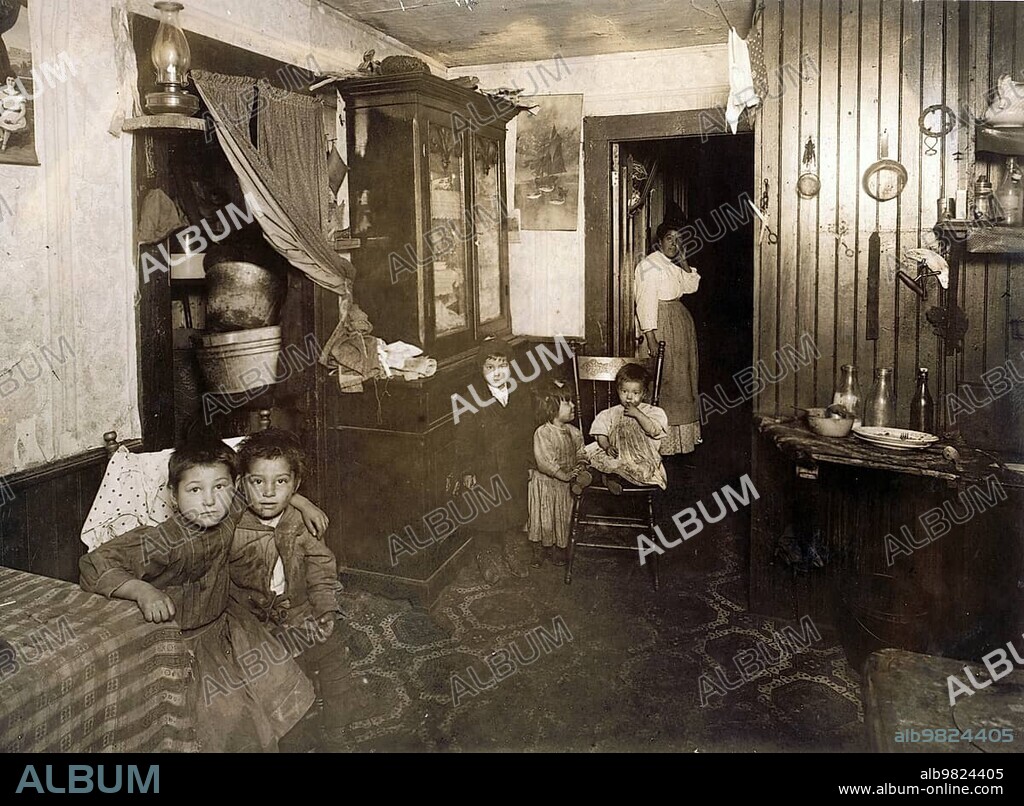 Crowded Italian House, Immigrant Extended Family, Rhode Island, 1912, America, Photograph by Lewis Wickes Hine, 1874-1940, Historic, digitally restored reproduction from an original of the period
