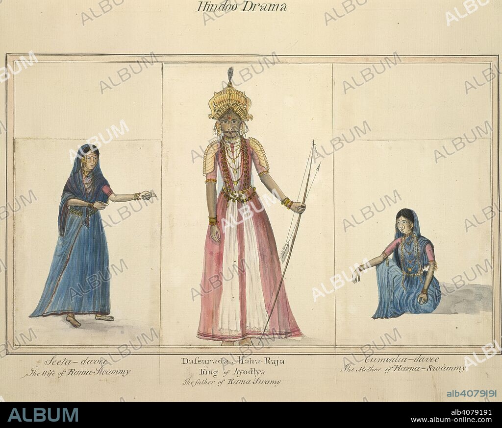 Hindoo Drama. Album of 82 drawings depicting the costume of vari. 1800 - 1801. Hindoo Drama. Seeta-davee. The Wife of Rama Swammy. Dassarada Maha-Raja, King of Ayodhya. The father of Rama Swamy. Cumsalia-davee. The Mother of Rama-Swammy.  Image taken from Album of 82 drawings depicting the costume of various castes in Balaghat, Carnatic. 1800-01.  Originally published/produced in 1800 - 1801. . Source: WD 1069, f.82(75).