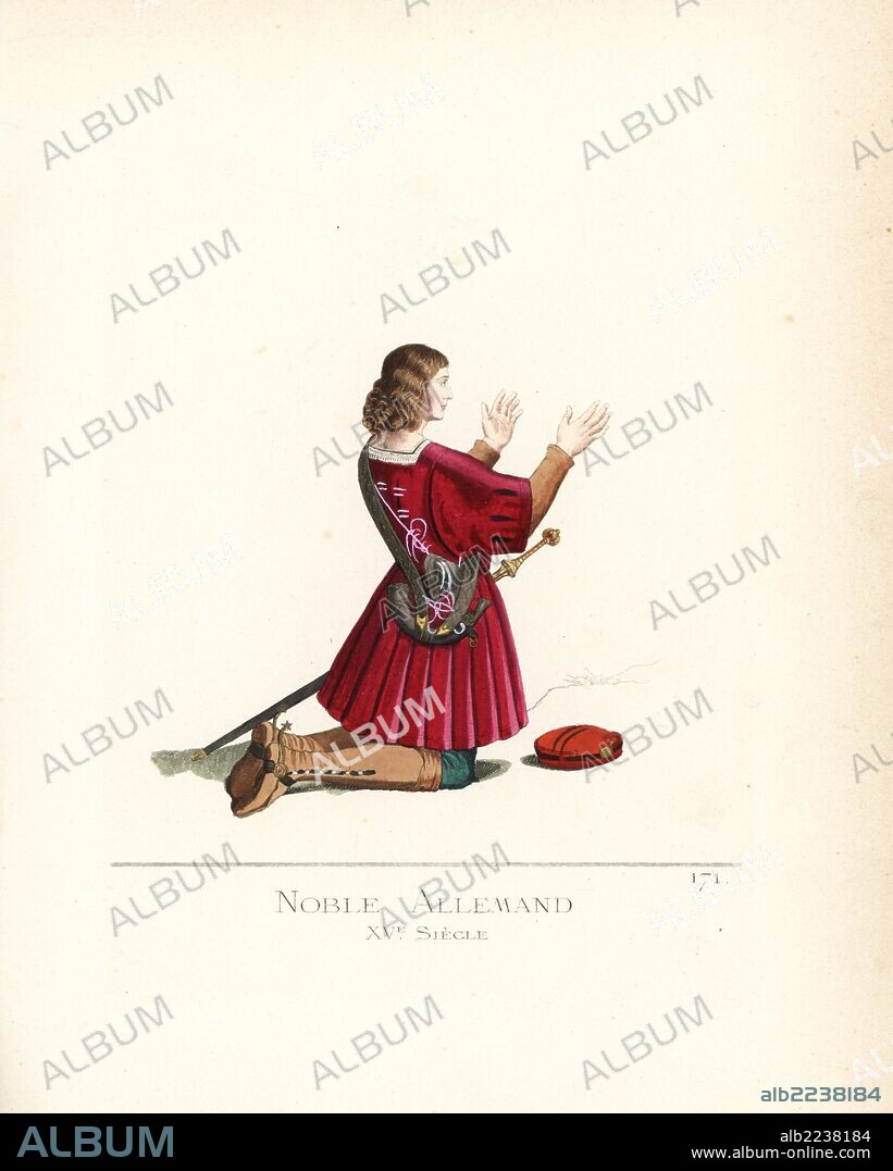 German nobleman, 15th century. He wears a velvet doublet slashed in the sleeves, tunic, breeches and boots with gold spurs. A black cornet hangs on a leather sling. The toque is scarlet ornamented with a gold button. From a painting by Albrecht Durer in the Biblioteca Ambrosiana, Milan. Handcoloured illustration drawn and lithographed by Paul Mercuri with text by Camille Bonnard from "Historical Costumes from the 12th to 15th Centuries," Levy Fils, Paris, 1861.