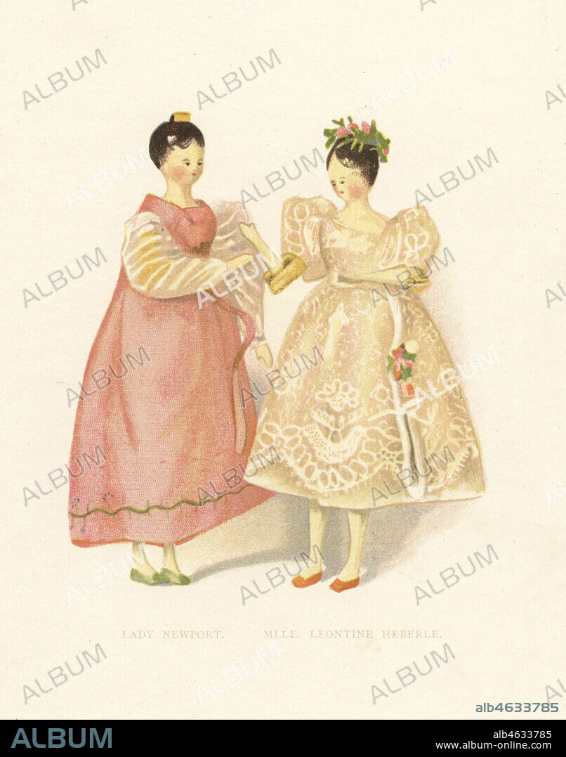 Dolls of courtier Lady Newport and ballet dancer Mlle. Leontine Heberle in the ballet LAnneau Magique. Wooden dolls dressed by the young Princess Victoria. Color plate after an illustration by Alan Wright from Frances H. Lows Queen Victorias Dolls, George Newness, London, 1894.