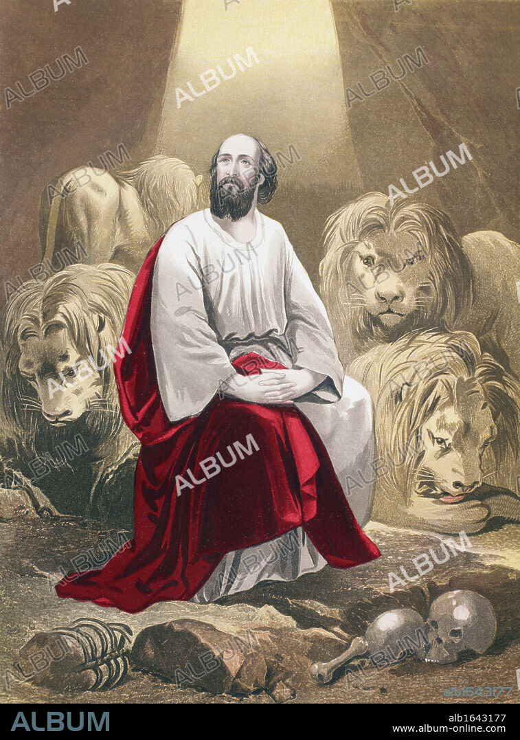 Daniel in the lion's den From The Holy Bible published by William Collins, Sons, & Company in 1869. Chromolithograph by J.M. Kronheim & Co.