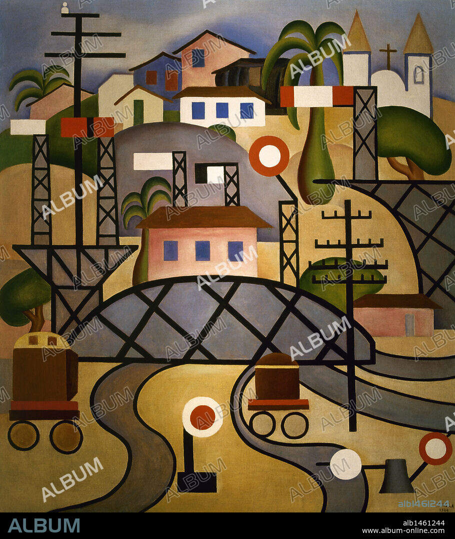 TARSILA DO AMARAL. ARTE S. XX. AMERICA. AMARAL, Tarsila do (Capivari,1900-Sao Paulo,1973) Pintora brasileña. Su obra se caracteriza por una tendencia al primitivismo y una ruptura con la rigidez oficial. "FERROCARRIL CENTRAL DEL BRASIL" (1924). Oleo sobre lienzo, 142x126,8 cm. Museu de Arte Contemporànea da Universidade de Sao Paulo. Brasil.