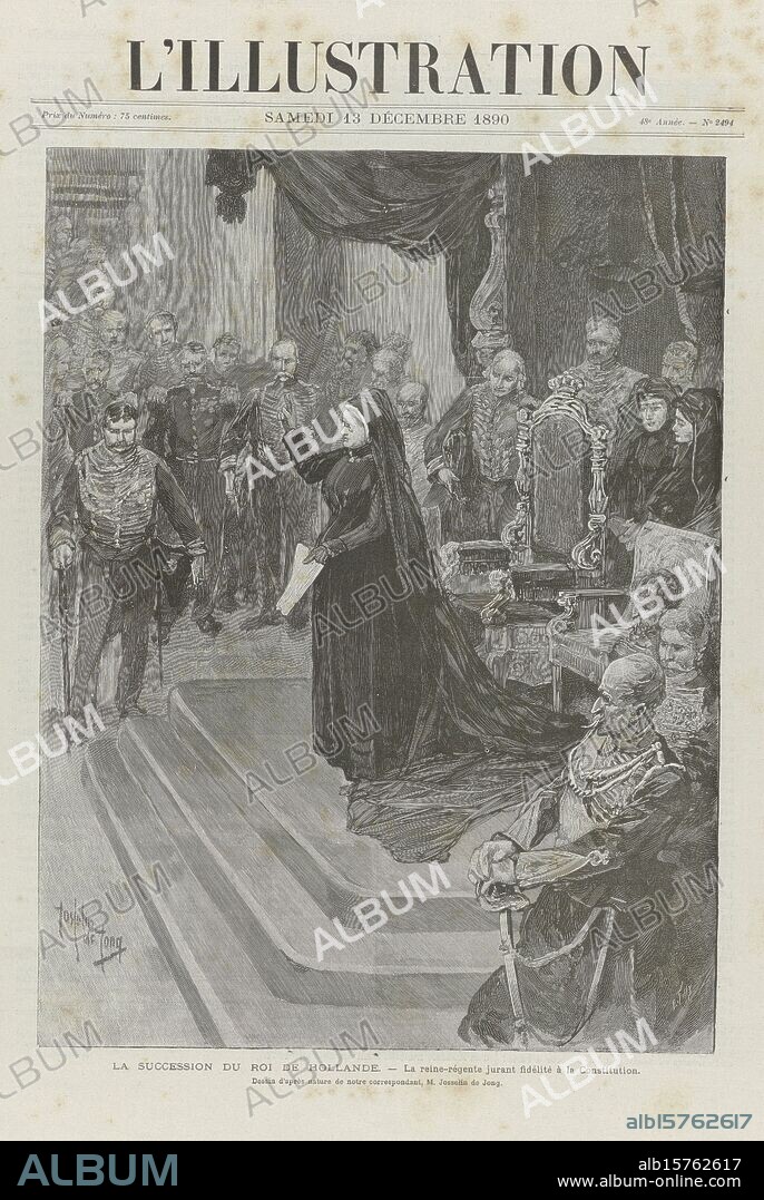 Newspaper with an article about the death and funeral of William III, King of the Netherlands, on November 23 and December 4, 1890 and his succession by Emma, Queen Regent of the Netherlands, L'Illustration (title on object), Newspaper with an article about the death and funeral of William III on November 23 and December 4, 1890 and his succession by Emma. Two scenes and columns and frames with French text in letterpress., print maker: Pierre Emile Tilly, (mentioned on object), after painting by: Pieter de Josselin de Jong, (mentioned on object), print maker: Albert Bellenger, (mentioned on object), print maker: Netherlands, print maker: France, (possibly), printer: Paris, 13-Dec-1890, paper, wood engraving, letterpress printing, height, 411 mm × width, 300 mm.