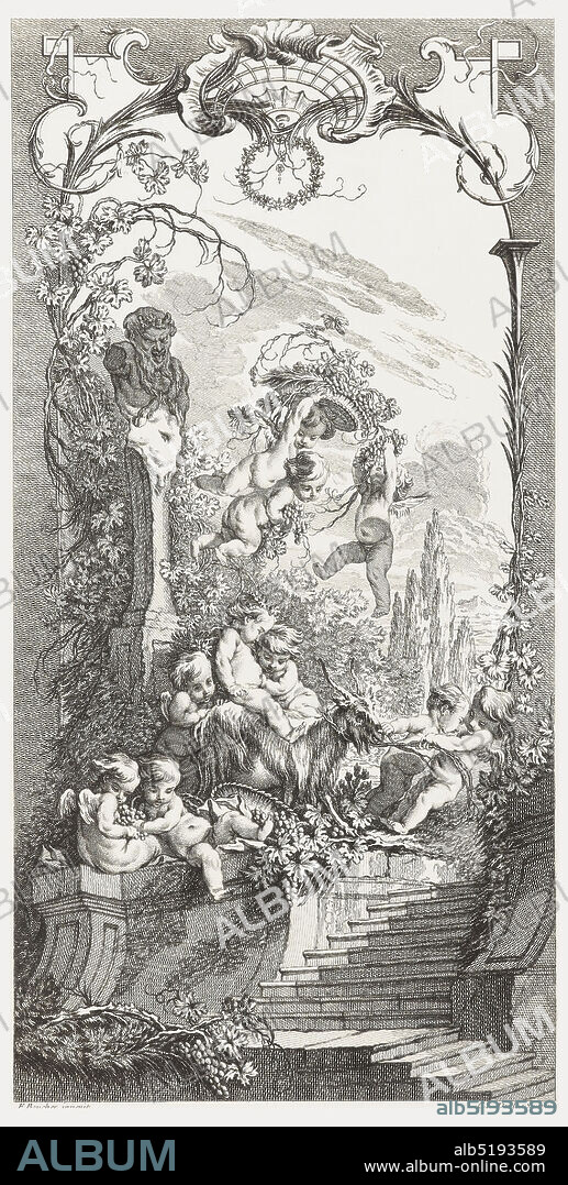 Triomphe de Priape (Triumph of Priapus), from Nouveaux morceaux pour des paravants (New Designs for Screens), François Boucher, French, 1703 1770, Claude Augustin Duflos, French, 17001786, Nicolas de Larmessin IV, French, 1684 - 1755, Etching and engraving on white laid paper, One of a set of five panels for a fold-up screen. The other designs in the series include Rocaille (Rock Garden); Hommage Champêtre (Pastorale); and Léda (Leda and the Swan), all etched by Claude Duflos; and Triomphe de Pomone (Triumph of Pomona) etched by Charles Nicolas Cochin the Younger. Shell motif at top. Three putti grasping at berries in the upper portion of the design, to the right of a herm in the personification of Priapus, protector of orchards and gardens, which is at left. Cypress trees at right. Two putti pulling a goat on top of stairs and other putti both helping with the goat and holding berries. Panel framed with leaves, branches and berries., Paris, France, ca. 1737, ornament, Print, Print.