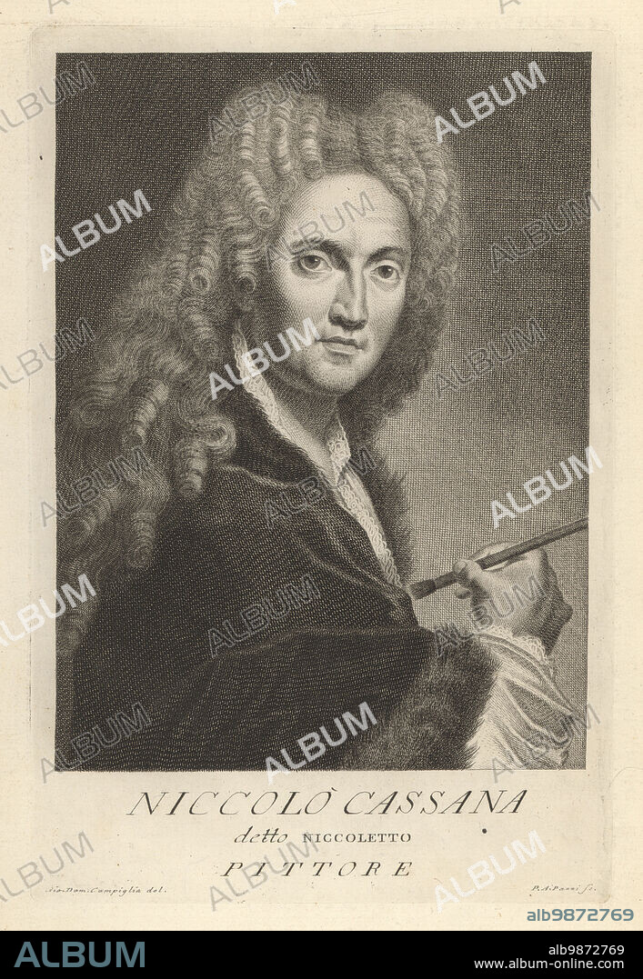 Niccolo Cassana or Nicoletto, Italian painter born in Venice and active during the late-Baroque, 16591714. In powdered wig and fur-lined mantle holding a paintbrush. Pittore. Copperplate engraving by Pietro Antonio Pazzi after Giovanni Domenico Campiglia after a self portrait by the artist from Francesco Moucke's Museo Florentino (Museum Florentinum), Serie di Ritratti de Pittori (Series of Portraits of Painters) stamperia Mouckiana, Florence, 1752-62.