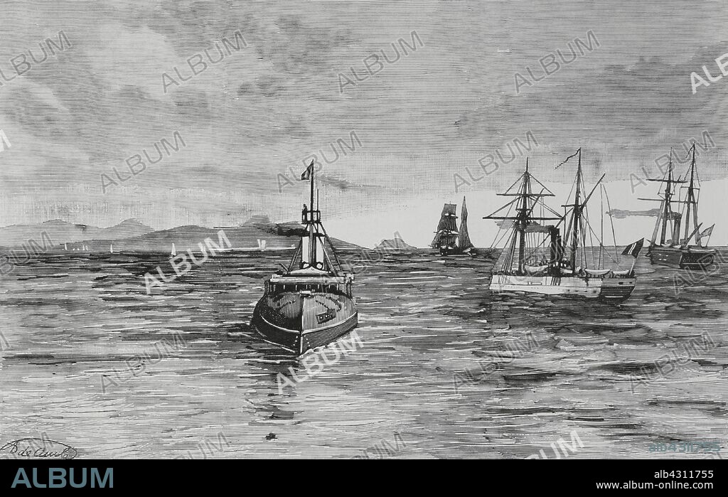 Guerra Franco-China, también llamada "Conflicto de Tonkín". Enfrentamiento entre fuerzas chinas del imperio de la dinastía Quing y las del colonialismo francés para controlar la región de Tonkin (norte de Vietnam). 1883-1886. Tipos de los buques menores que operan en el Rio Rojo, a las órdenes del almirante francés Amédé Courbet (1827-1885). Dibujo de A. de Caula. Grabado. La Ilustración Española y Americana, 15 de diciembre de 1883.