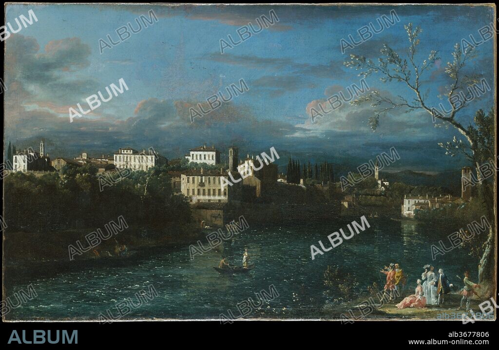 Vaprio d'Adda. Artist: Bernardo Bellotto (Italian, Venice 1722-1780 Warsaw). Dimensions: 25 1/4 x 39 1/4 in. (64.1 x 99.7 cm). Date: 1744.
On the right is the village of Canonica d'Adda, northeast of Milan, and in the center is Vaprio with the Villa Melzi, where Leonardo da Vinci visited his pupil Francesco Melzi. Bellotto noted on the related drawings that the picture and its pendant were painted in 1744 for Count Simonetta in Milan. The companion piece in the Museo di Capodimonte in Naples shows the landscape from the opposite direction.