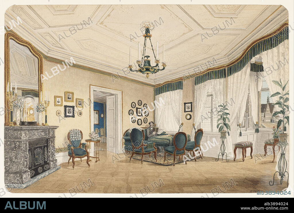 CASPAR OBACH. A Salon, probably in Stuttgart. Date/Period: 1850s. Drawing. Brush and watercolor over graphite, with accents of gold paint on paper.