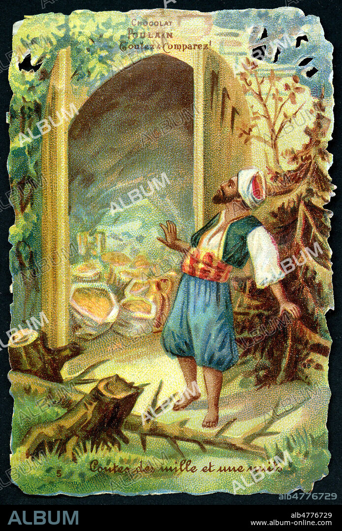 Ali Baba et les quarante voleurs (Ali-Baba decouvre l'interieur de la caverne). Illustration anonyme vers 1890 pour un chromo publicitaire de la serie Les Mille et une nuits. Credit : Coll. Jonas/Kharbine-Tapabor.
