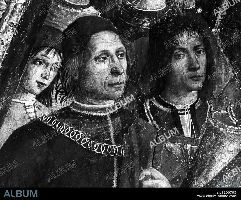St Catherine's Disputation - Details of one of the Frescoes in the Borgia Appartments of the Palazzi Pontifici in Vatican , Rome Italy : Painted by Pinturicchio at the request of Cardinal Rodrigo Borgia . On left suppsed to be a portrait of the architect Antonio de Sangallo and left a self portrait of Punturicchio. 1493.