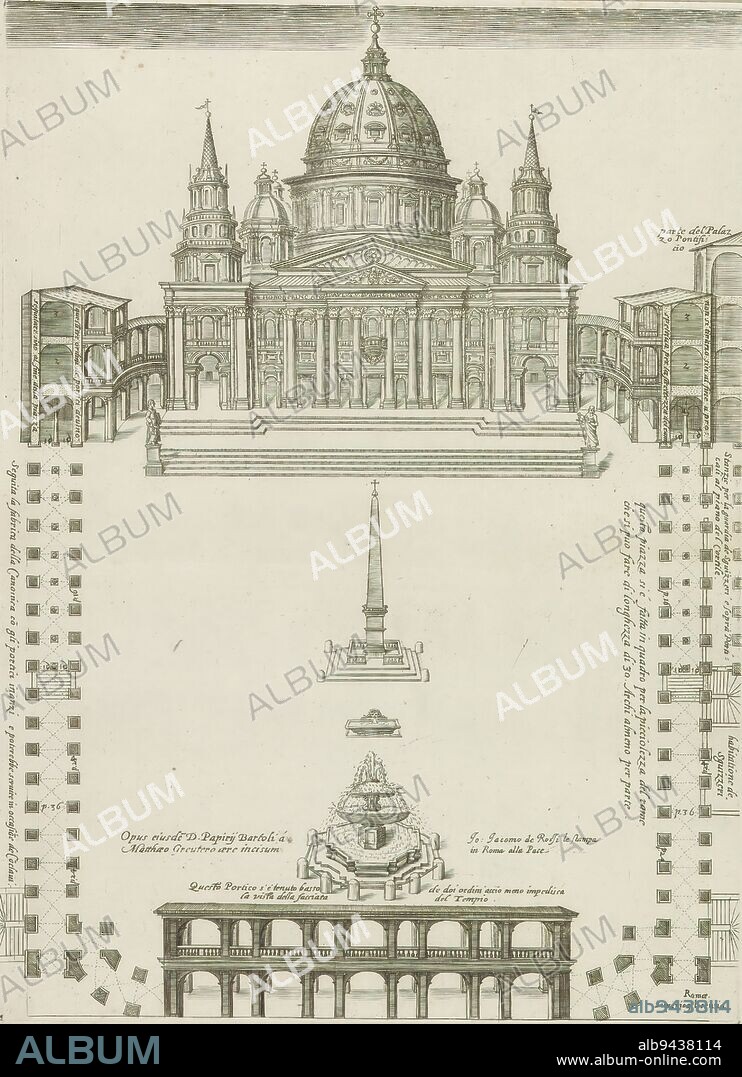Facade and square in front of St. Peter's Basilica in Vatican City, The print is part of an album., print maker: Matthäus Greuter, (mentioned on object), publisher: Giovanni Giacomo de'Rossi, (mentioned on object), Pauselijk hof, (mentioned on object), print maker: Italy, publisher: Rome, Rome, 1637 - 1691, paper, engraving, height 342 mm × width 249 mm.