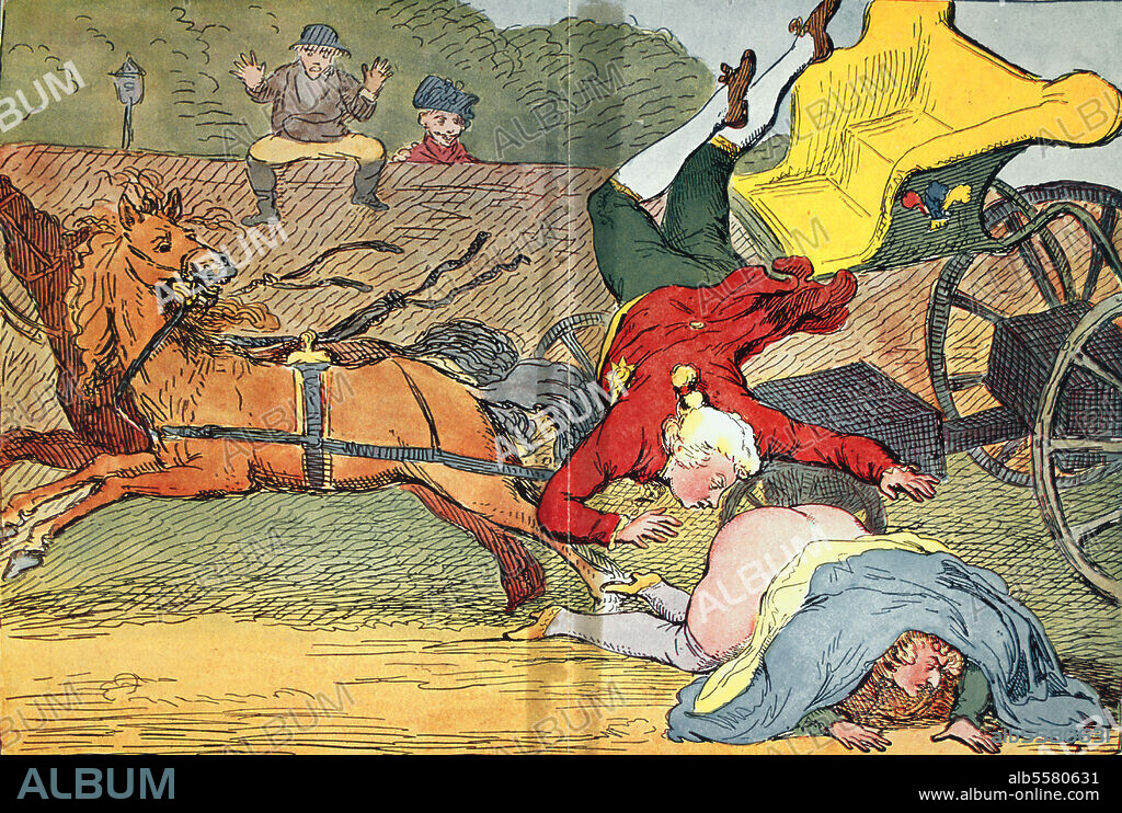 George IV., king of Great Britain. (1820-30); 1762-1830. "The Fall of Phaeton". (Caricature about the Prince of Wales and his mistress Mrs. Fitzherbert). Ethcing, coloured, by James Gillray. (1757-1815); London, 1. July 1788.