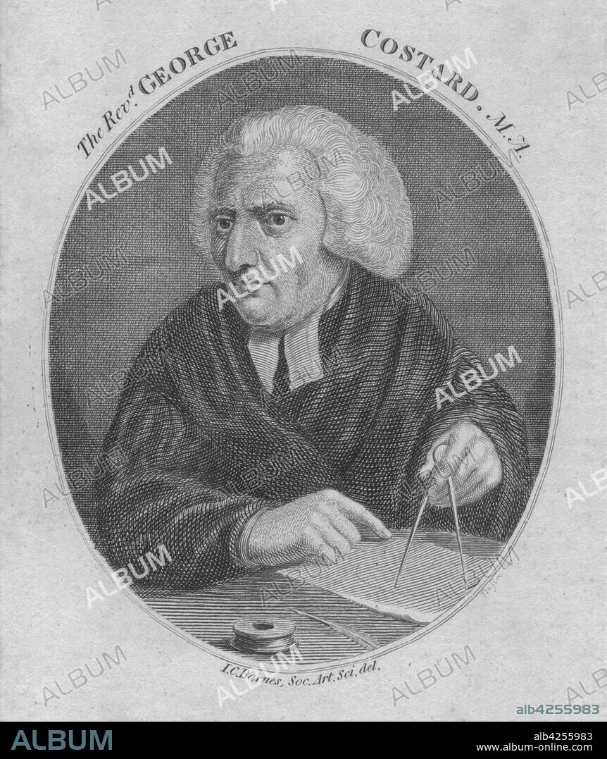 'The Revd. George Costard. M.A.', (1805). Portrait of English astronomical writer George Costard (1710-1782) describing a circle on a piece of paper with a pair of compasses. From the "Gentleman's Magazine", 1805.