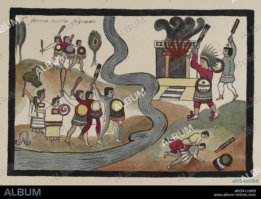 Entitled: Guerra contra Cuyuascan. Battle of Coyoacan. Soldiers fighting with war clubs and shields before a burning temple. The chief soldier wears a feathered or quetzal headdress. Some scholar believe this may be ecollotzin. In the pre-Hispanic period, Coyoacán was originally an independent dominion or altepetl. Its people were Tecpanecas, who were farmers and stoneworkers specializing in the volcanic stone from the old lava flow of Xitle. It had been a Tepaneca dominion for 300 years until the Aztecs took over in the 15th century. Famous rulers were Maxtla and his son Tecollotzin. The Tovar Codex (16th century) contains detailed information about the rites and ceremonies of the Aztecs. The codex is illustrated with 51 full-page paintings in watercolor. Illustration taken from a 19th century transcript of Juan de Tovar's Historia de la benida de los yndios apoblar a Mexico (the Co´dice Tovar).