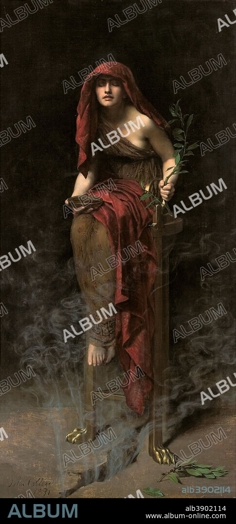 JOHN COLLIER. Priestess of Delphi. Date/Period: 1891. Painting. Oil on canvas. Height: 160 mm (6.29 in); Width: 80 mm (3.14 in).