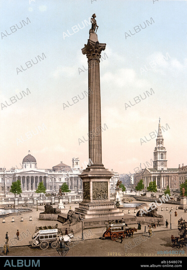 Trafalgar Square, London, England, with Nelson's Column guarded by Edwin Landseer's lions, the National Gallery in the background and the church of St Martin's-in-the-Fields, right, 1890-1900. City Traffic Omnibus Horse Bus.