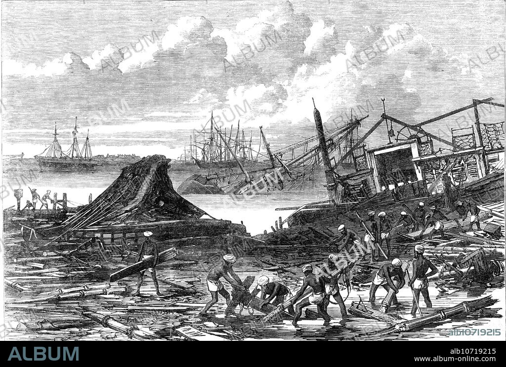 Effects of the cyclone at Calcutta, 1864. Engraving from a photograph taken on the spot by Mr. Wagentreiber '...of the terrible havoc caused by the cyclone or revolving hurricane of Oct. 5 among the crowded shipping in the River Hooghly, at the port of Calcutta...The particulars of the disaster were so fully related in our former account that it is needless to repeat the description...It may be added that, from a report to the Meteorological Society of Calcutta, it appears that the pressure of the wind at one moment during this storm amounted to as much as thirty-two pounds on the square inch. Some notion of its comparative force may be obtained, if this estimate be correct, from the records of the most violent gales experienced of late years in our own country [ie England], as the maximum pressure then attained was forty-three pounds to the square foot'. From "Illustrated London News", 1864.
