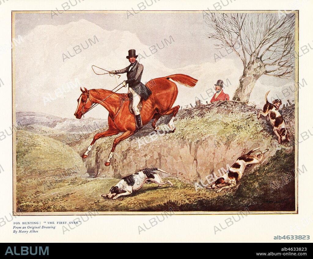 Fox hunting: The first over. Fox hunter in black jacket on horseback jumping first over a fence, while fox hounds run alongside, 1837. Color print after a drawing by Henry Alken in Ralph Nevills Old Sporting Prints, The Connoisseur Magazine, London, 1908.