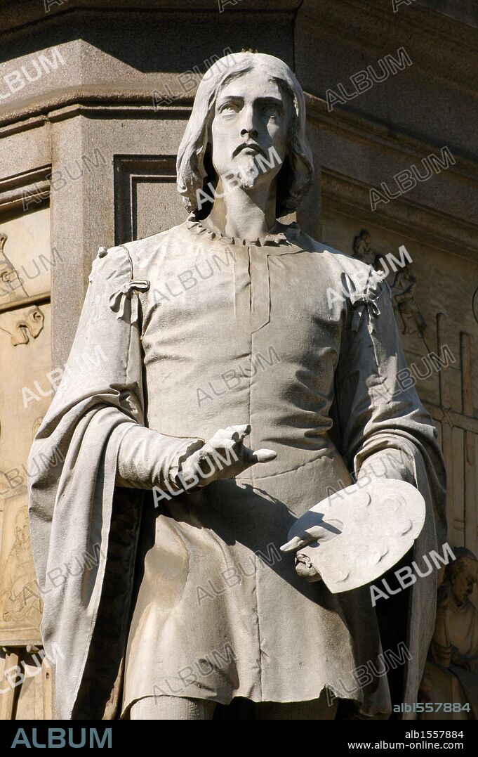 Giovanni Antonio Boltraffio (1466 or 1467-1516). Sculptural detail of the monument to Leonardo da Vinci, by Pietro Magni, 1872. Milan, Italy.