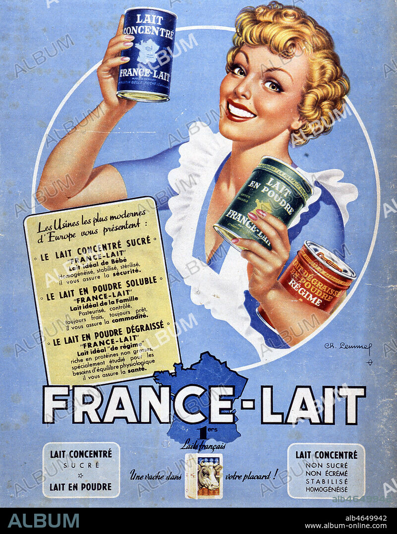 Publicite de 1951 pour le lait concentre et en poudre France-Lait. Illustration par LEMMEL (1899-1976 = ADAGP). Credit : Collection Jonas/KHARBINE-TAPABOR.