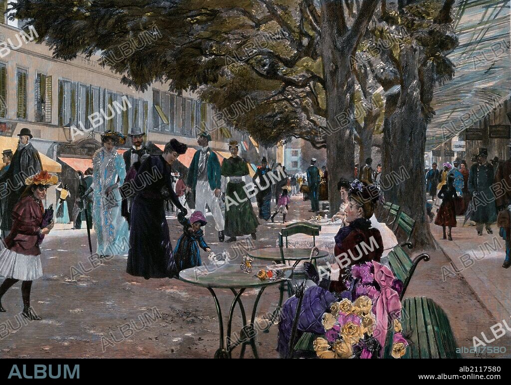 The promenade Carlsbad, Karlsbad by Franz Skarbina, 1849-1910, German. Promenade under the trees with people walking, children playing and ladies seated with flowers. Karlsbad or Karlovy Vary in the Czech Republic. food and drink, liszt gourmet archive. summer, city, outdoor, people, street, sun, recreation, style, european, caucasian, europe.