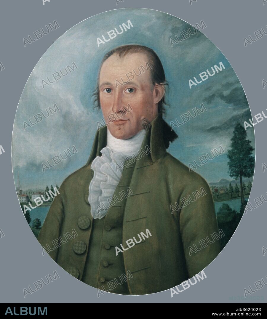Jonathan Dwight. Artist: Attributed to Joseph Steward (1753-1822). Dimensions: 29 1/2 x 26 1/4 in. (74.9 x 66.7 cm). Date: ca. 1790.
Jonathan Dwight (1743-1831) was the great-grandson of the esteemed Connecticut clergyman Jonathan Edwards. Steward's rather unusual portrait provides a clear view of Dwight's hometown of Springfield, Massachusetts, in the background and a striking marker of the sitter's appearance: a large, hairy mole on his left cheek.