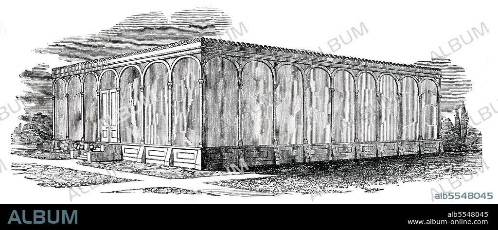 UNKNOWN. The New Victoria Regia House - Exterior, Chatsworth House, Derbyshire, 1850. A lecture was given at the Society of Arts in London '...by Mr. Paxton, of Chatsworth, the designer of the Industrial Palace now rising in Hyde-Park, on the origin and mode of construction of that building...The new Victoria Regia House, which presents a light and novel appearance, is 60 feet 6 inches in length, and 46 feet 9 inches in breadth. Although, when compared with the Great Industrial Building, the Victoria House is a very diminutive structure, yet the principles on which it is constructed are the same, and may be carried out to an almost unlimited extent. The form of the roof, the general elevation, the supports, and the mode of construction are all quite simple, and yet fully answer the purposes for which they were intended'. From "Illustrated London News", 1850.