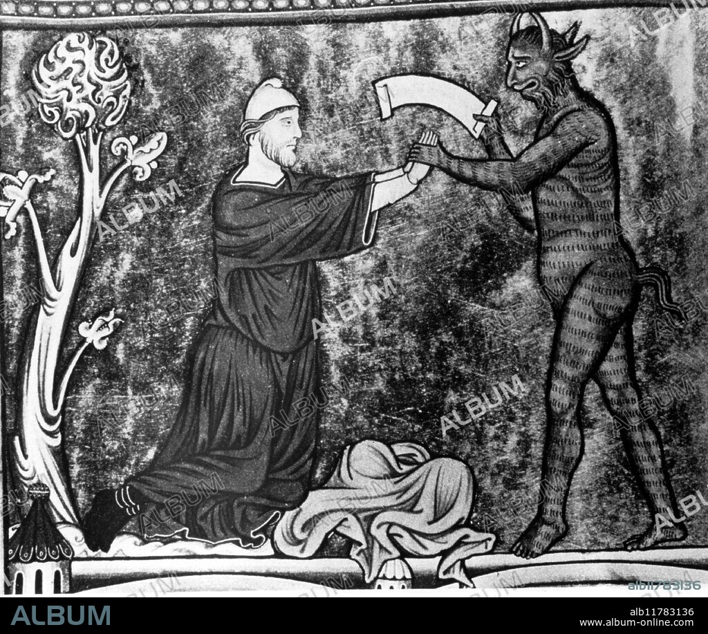 The Devil presenting the demonic pact to Theophilus. Illumination of c 1210 from the Psalter of Queen Ingeborg of Denmark in the Musee Conde Chantilly.