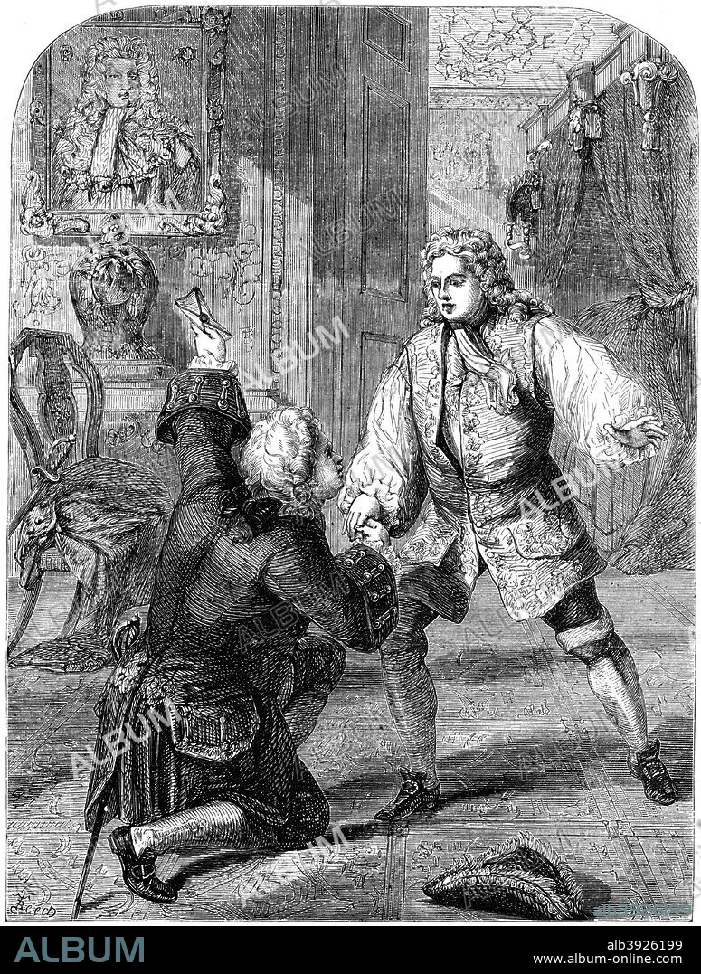 George II receiving news of his father's death from Walpole, 1727. Although the title was never used to refer to him at the time, Sir Robert Walpole (1676-1745) is regarded as Britain's first Prime Minister. His administration lasted from 1721 until he resigned in 1742, longer than that of any Prime Minister since.