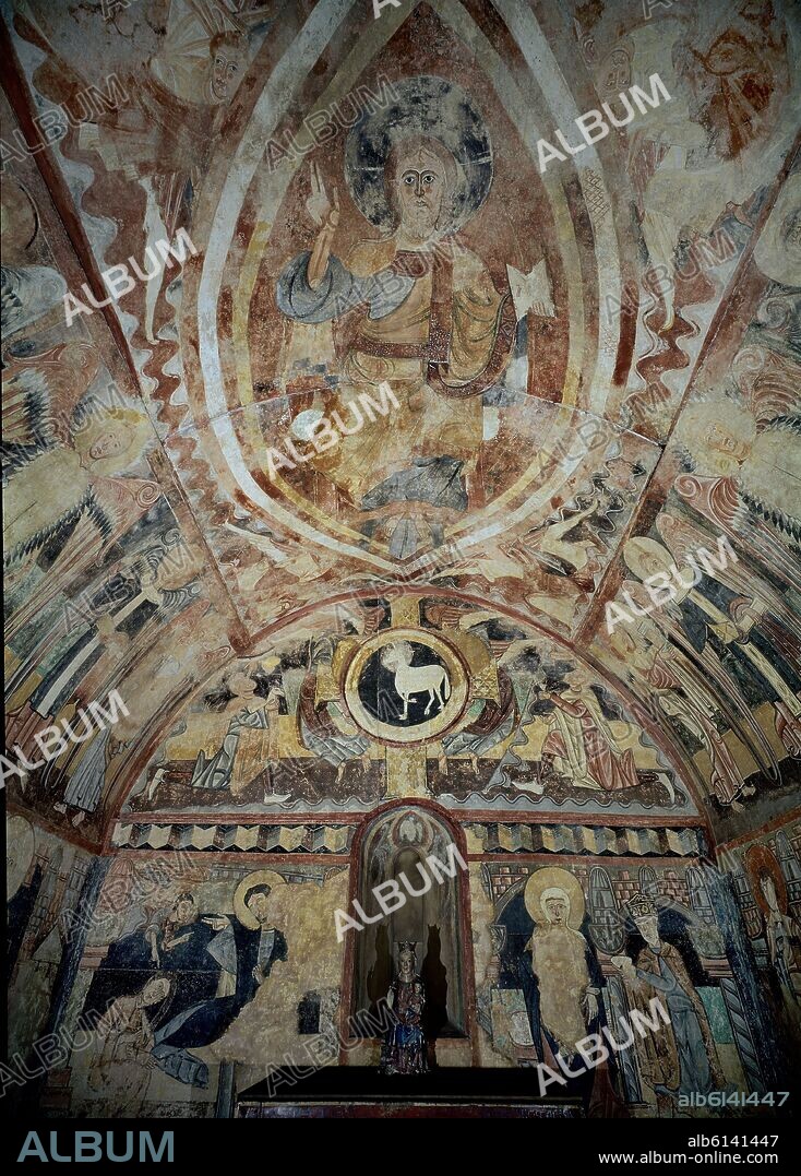 ANÓNIMO. BOVEDA:PANTOCRATOR-MEDIO PUNTO:CAIN Y ABEL OFRENDAN AL CORDERO - PINTURA MURAL DE LA ERMITA DE LA VERA CRUZ DE MADERUELO - SIGLO XII.