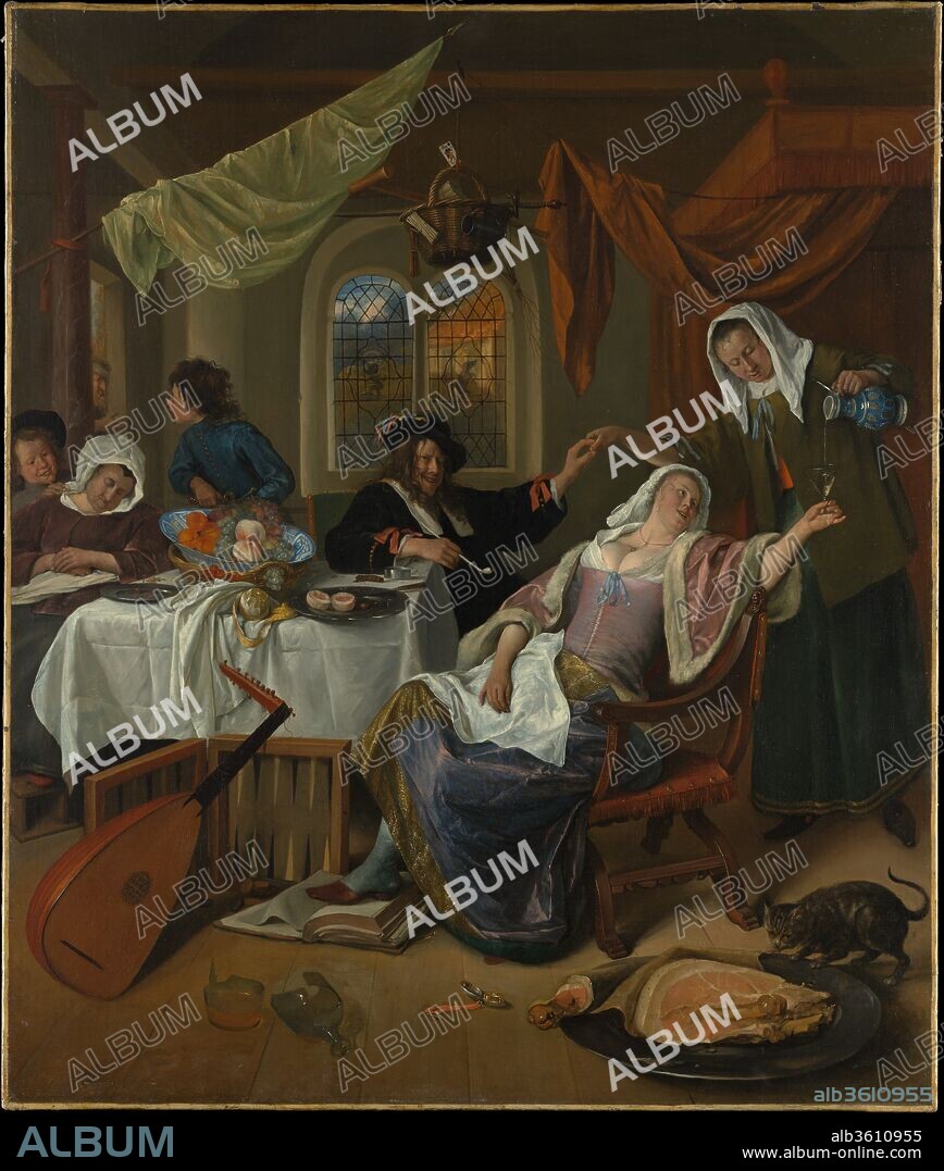 The Dissolute Household. Artist: Jan Steen (Dutch, Leiden 1626-1679 Leiden). Dimensions: 42 1/2 x 35 1/2 in. (108 x 90.2 cm). Date: ca. 1663-64.
Steen and members of his family modeled for this scene of domestic chaos, which is still called a "Jan Steen Household" in The Netherlands. The company acts out a variety of familiar sins, such as Sloth, Gluttony, Lust (papa and the maid), and other offences--a Bible is trampled, and a beggar is repelled at the door--all heedless of the open watch, suggesting temperance, and the basket hanging like Fate over their heads (the objects in it promise poverty, disease, bad luck, and justice). The only thing refined about the picture is Steen's technique, especially in his wife's costume.