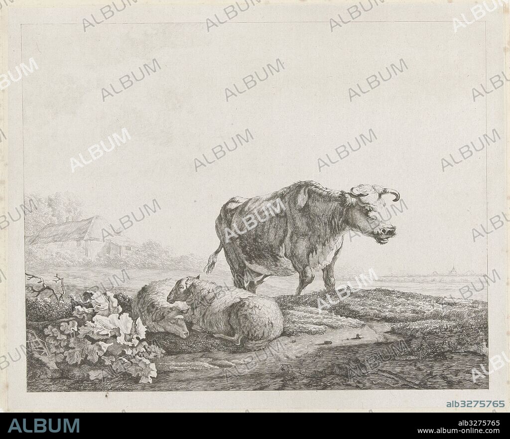 Landscape with a cow and two sheep, Christiaan Godfried Schutze van Houten, Jacob van Strij, 1821 - 1869.