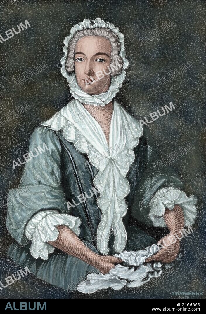 CARLOS EDUARDO ESTUARDO (1720-1788). Aristócrata escocés perteneciente a la dinastía de los Estuardo. Pretendiente jacobita al trono de Gran Bretaña como "Carlos III de Inglaterra y Escocia". El Príncipe Carlos Eduardo Estuardo disfrazado como Betty Burke, 1747. Grabado coloreado de La Ilustración Ibérica, 1885.