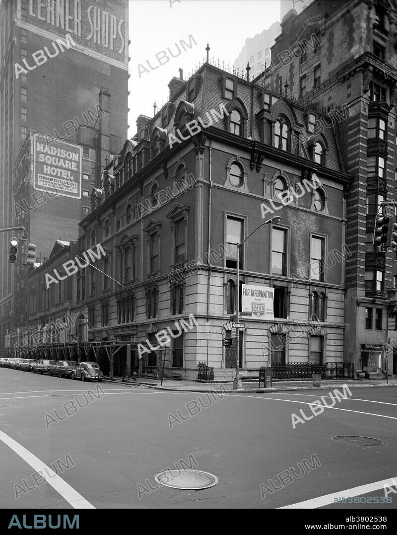 The Jerome Mansion was the home of financier Leonard Jerome, one of the richest and most influential men in NYC, and a frequent business partner of Cornelius Vanderbilt. The mansion was located on the corner of East 26th Street and Madison Avenue, across from Madison Square Park. It was built from 1859- 65. The six-story mansion featured a mansard roof, a 600 seat theatre, a breakfast room which could serve up to 70 people, and a white and gold ballroom with with champagne and cologne fountains. When Jerome moved uptown, the mansion was sold and housed a series of private clubs. On November 23, 1869, the Jerome Mansion was the site of the meeting that founded the Metropolitan Museum of Art. The building was given landmark status in 1965, but when the owner was unable to find a buyer for it after two years, it was permitted to be torn down in 1967, to be replaced by the New York Merchandise Mart. Historic American Buildings Survey, George Eisenman, Photographer January 6, 1968.