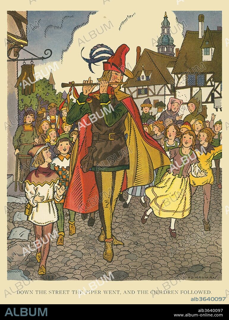 Down the street the piper went, and the children followed. Illustration from the children's book "Stories that Never Grow Old" by Piper Watty with art by George Hauman (died 1961) and Doris Holt Hauman (August 29, 1898 – 1978)., Hauman,.