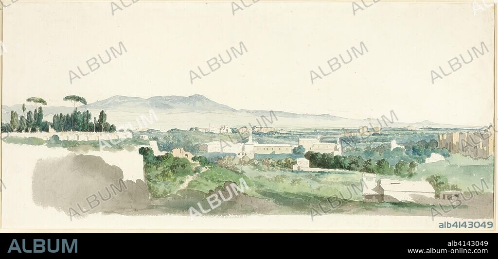 A View from the Palatine Hill, Rome, the Alban Hills in the Distance. Carlo Labruzzi; Italian, 1748-1818. Date: 1765-1775. Dimensions: 311 x 531 mm (primary support, folded); 374 x 531 mm (primary support, unfolded); 338 x 631 mm (secondary support, folded); 413 x 631 mm (secondary support, unfolded). Watercolor, over graphite, on ivory laid paper, laid down on white laid paper, folded. Origin: Italy.