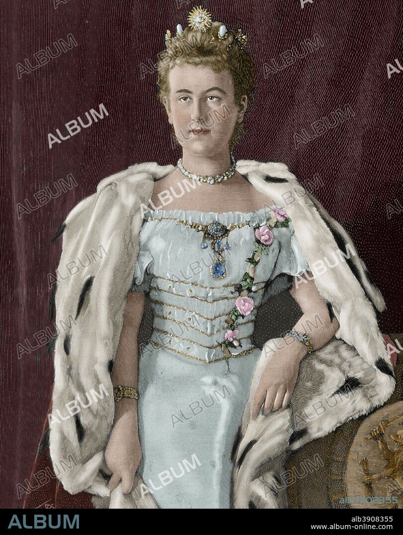 Guillermina (La Haya, 1880-Castillo de Het Loo, 1962). Reina de los Paises Bajos (1890-1948). Hija de Guillermo III y Emma de Waldeck-Pyrmont. En 1901 se casó con Enrique de Mecklemburgo-Schwerin. En 1948 abdicó en favor de su hija Juliana. Grabado con el retrato de la reina en el año de su mayoría de edad (1898). Grabado coloreado, 1898.