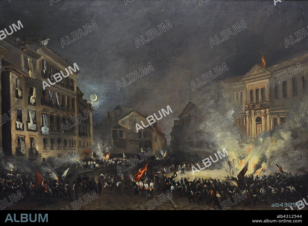 Historia de España. Revolución de 1854 (28 de junio a 28 de julio de 1854). Madrid. Episodio de la Revolución de 1854 en la Puerta del Sol, hacia 1855. Copia de Eugenio Lucas (1817-1870). Óleo sobre lienzo. Museo de Historia. Madrid. España.
