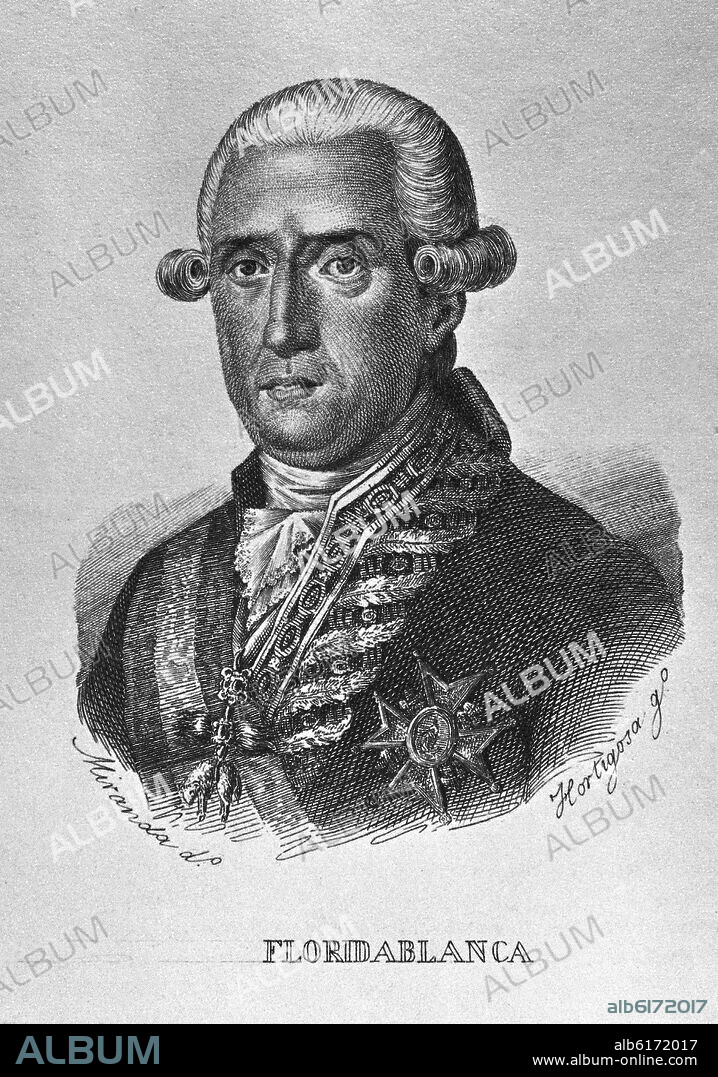 HORTIGOSA (GRABADO) / MIRANDA (DIBUJO). JOSE MOÑINO, CONDE FLORIDABLANCA (1728/1808) - FISCAL DEL CONSEJO DE CASTILLA Y SECRETARIO DE ESTADO EN TIEMPOS DE CARLOS III - GRABADO.