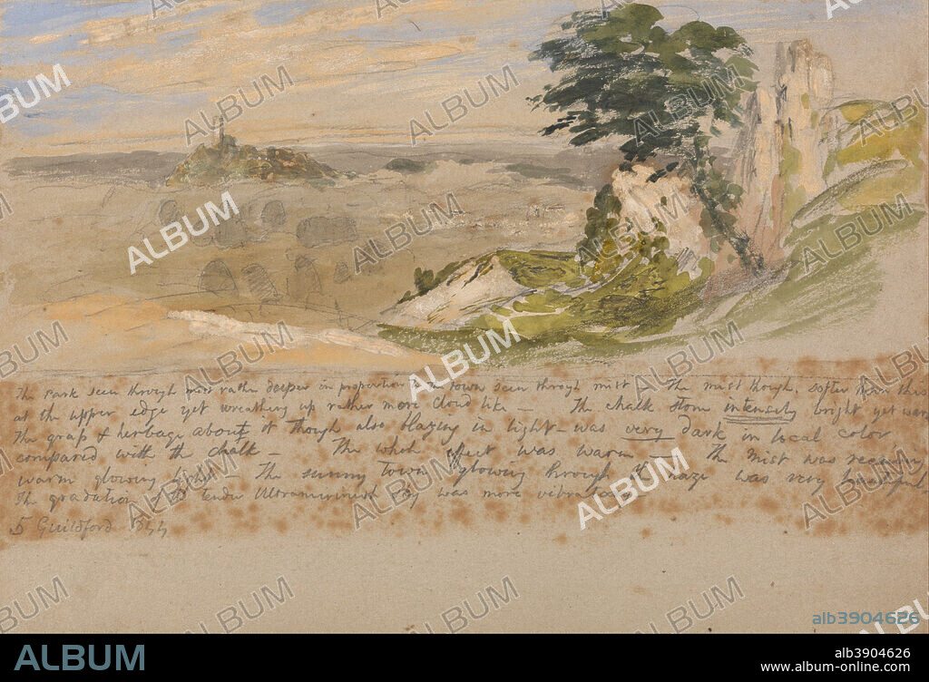 SAMUEL PALMER. Guildford. Date/Period: 1844. Landscape. Watercolor and gouache and scraping out with some varnish over graphite on medium, slightly textured, brown wove paper. Height: 187 mm (7.36 in); Width: 270 mm (10.62 in).