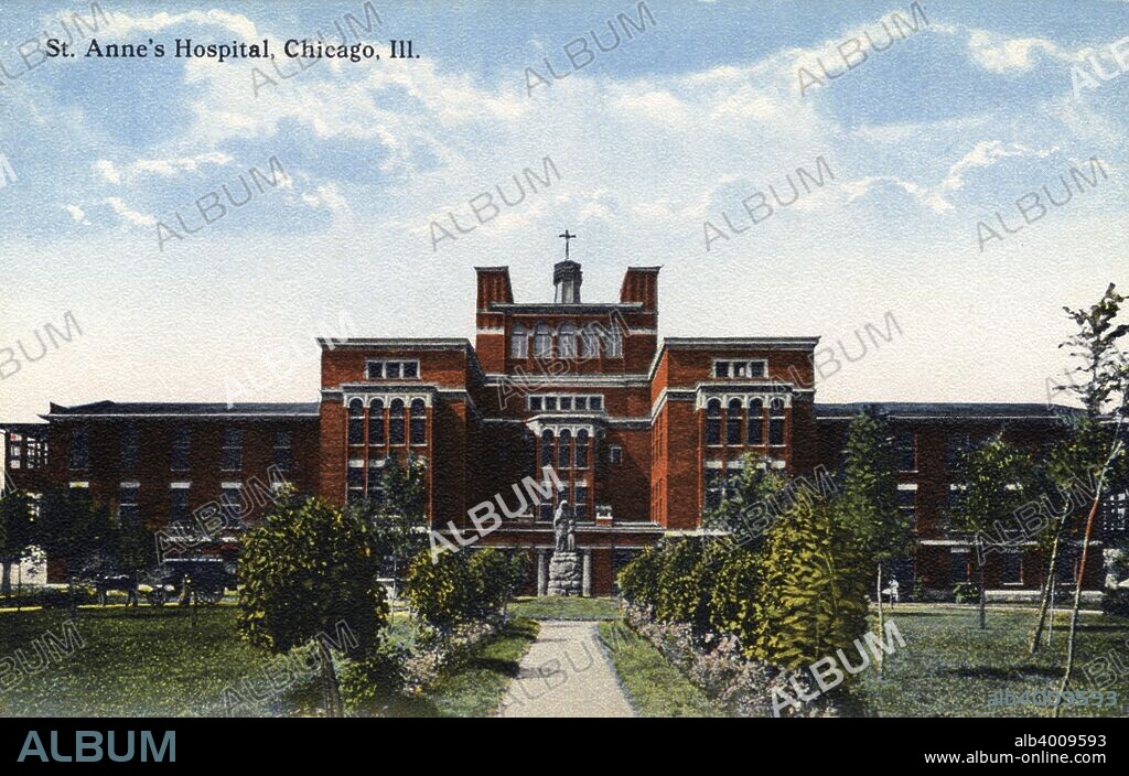 St Anne's Hospital, Chicago, Illinois, USA, 1908. Postcard showing a view of the exterior of the hospital. The building is red brick and a landscaped walkway leadsto the entrance. A horse-drawn carriage is on the left.