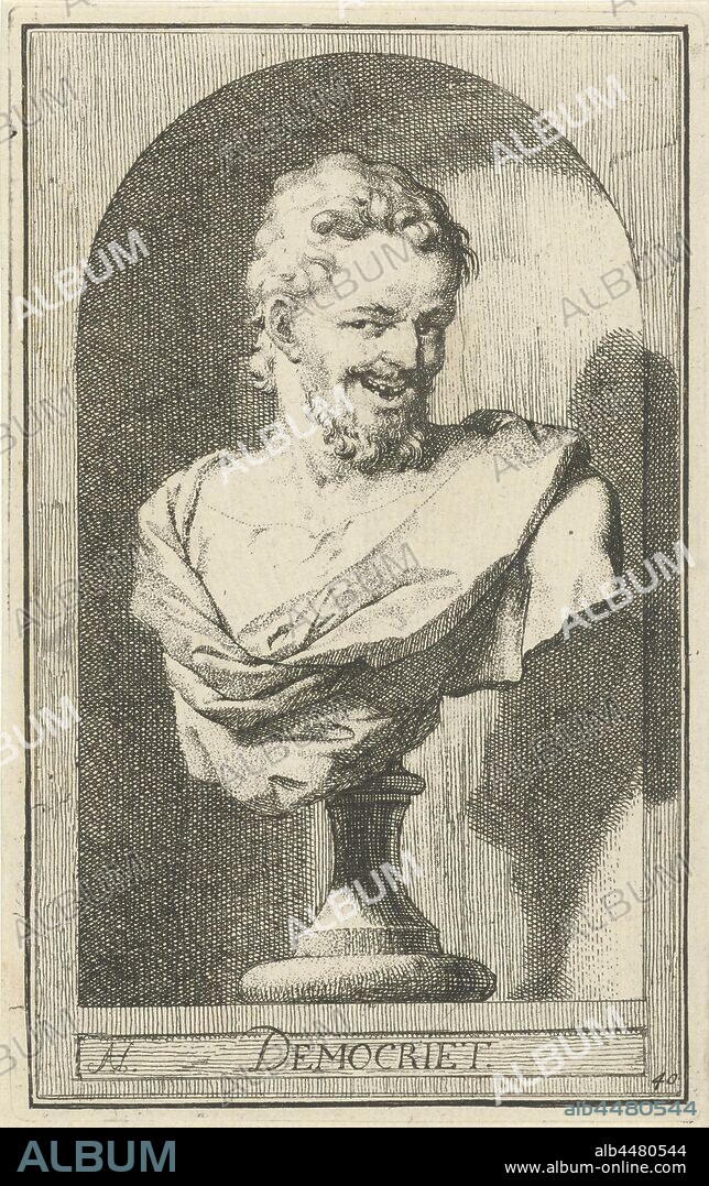 Bust of Democritus Democrit (title on object) One and forty pieces, Verscheydene Sinnebbeelden (series title), Bust of the philosopher Democritus in a niche. Print from a series of 41 emblems, (story of) Democritus, the philosopher (head (and shoulders)), Arnold Houbraken (mentioned on object), Amsterdam, 1710 - 1719, paper, etching, h 164 mm × w 103 mm.