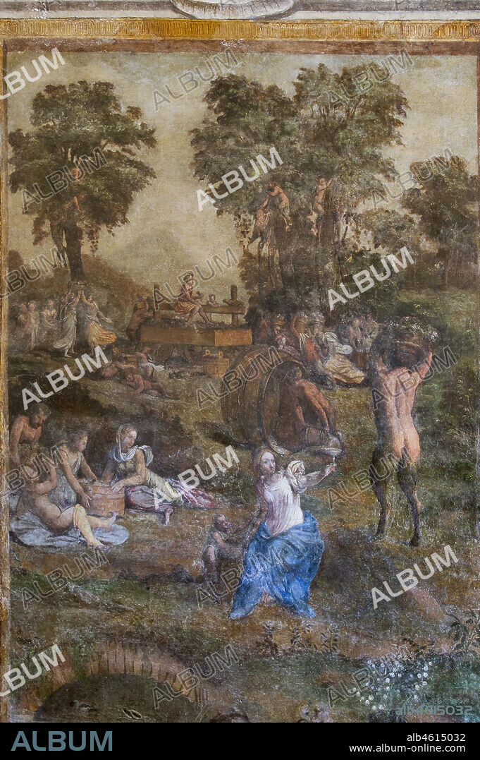 Ferrara, Castello Estense (the Estense Castle), also known as Castle of St. Michael, Camerino dei Baccanali, wanted by Alfonso d'Este : "Harvest", fresco with a Bacchic theme, by the Filippi workshop.