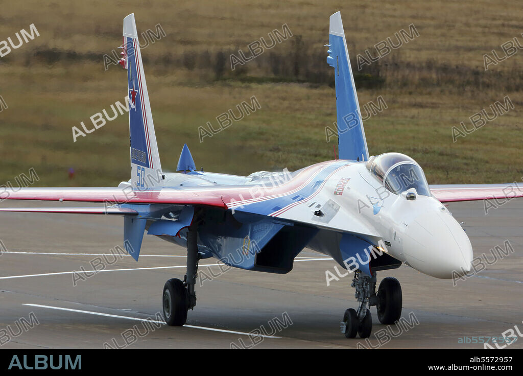 Sukhoi Su-35S jet fighter of the Russian Knights aerobatics team of the Russian Air Force, Russia.