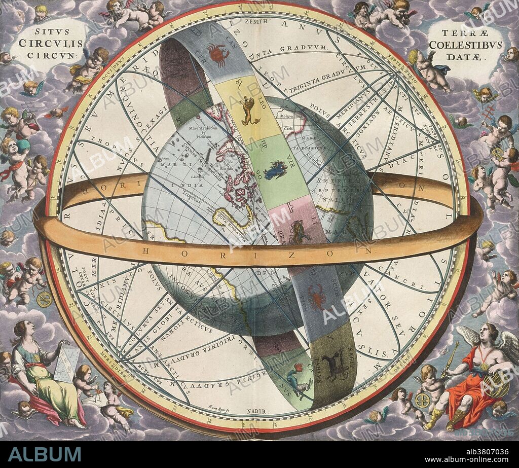 Sitvs terrae circvlis coelestibvs circvndatae. The location of the Earth encircled by the celestial circles. Richly ornamented scheme of the positions of the Globe relatively to the ecliptic axes and the Zodiac. Illustration by Andreas Cellarius (1596-1665) a Dutch-German cartographer, best known for his Harmonia Macrocosmica of 1660, a major star atlas.